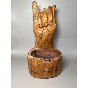Vintage Hand Carved Wood Shaka Hang Loose Ashtray Tiki Bar Hawaiian Surfer Decor